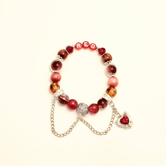 Red love-in- progress bracelet with heart charm and silver chain, main image