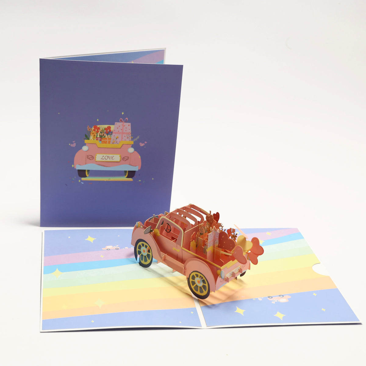 Love in Bloom Pop-Up Greeting Card – Romantic Pink Car