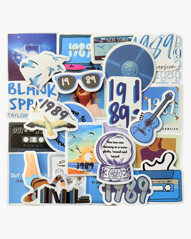 Light blue sky aesthetic stickers inspired by the 1989 era, featuring seagulls, polaroids, and sunglasses.
