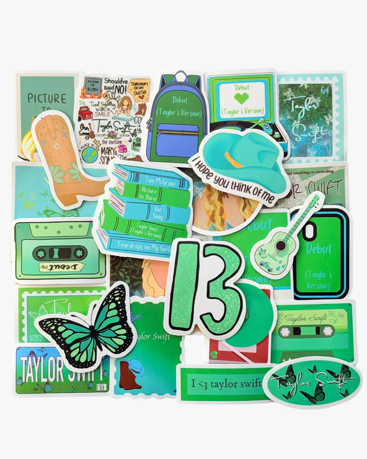 Green aesthetic stickers inspired by the Debut era, featuring butterfly, cowboy boot, and guitar designs.
