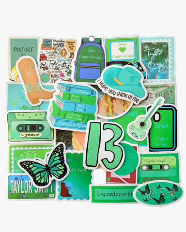 Green aesthetic stickers inspired by the Debut era, featuring butterfly, cowboy boot, and guitar designs.