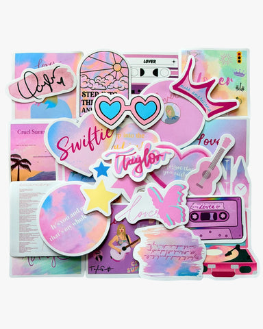 Pastel pink and blue stickers inspired by the Lover era, featuring hearts, butterflies, and dream clouds.