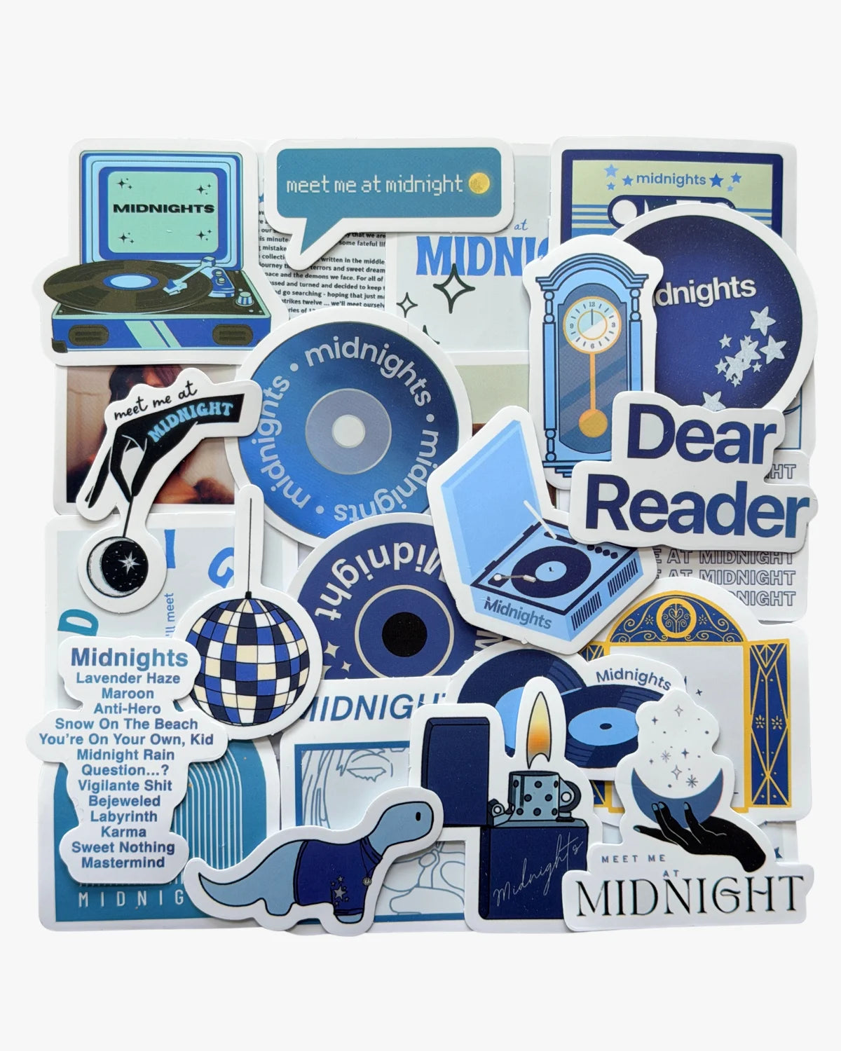 Midnight blue aesthetic stickers featuring clock, star, and vinyl record designs inspired by the Midnights era.