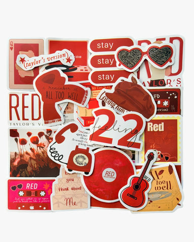 Red aesthetic stickers inspired by the Red era, featuring the iconic red scarf, autumn leaves, and retro phone.