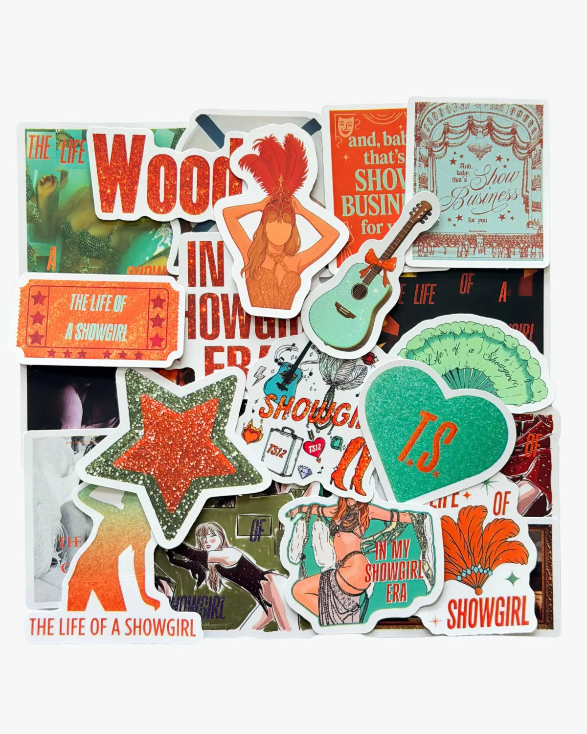 Vibrant red and teal stickers inspired by the Showgirl era, featuring stage outfits, guitars, and glitter stars.