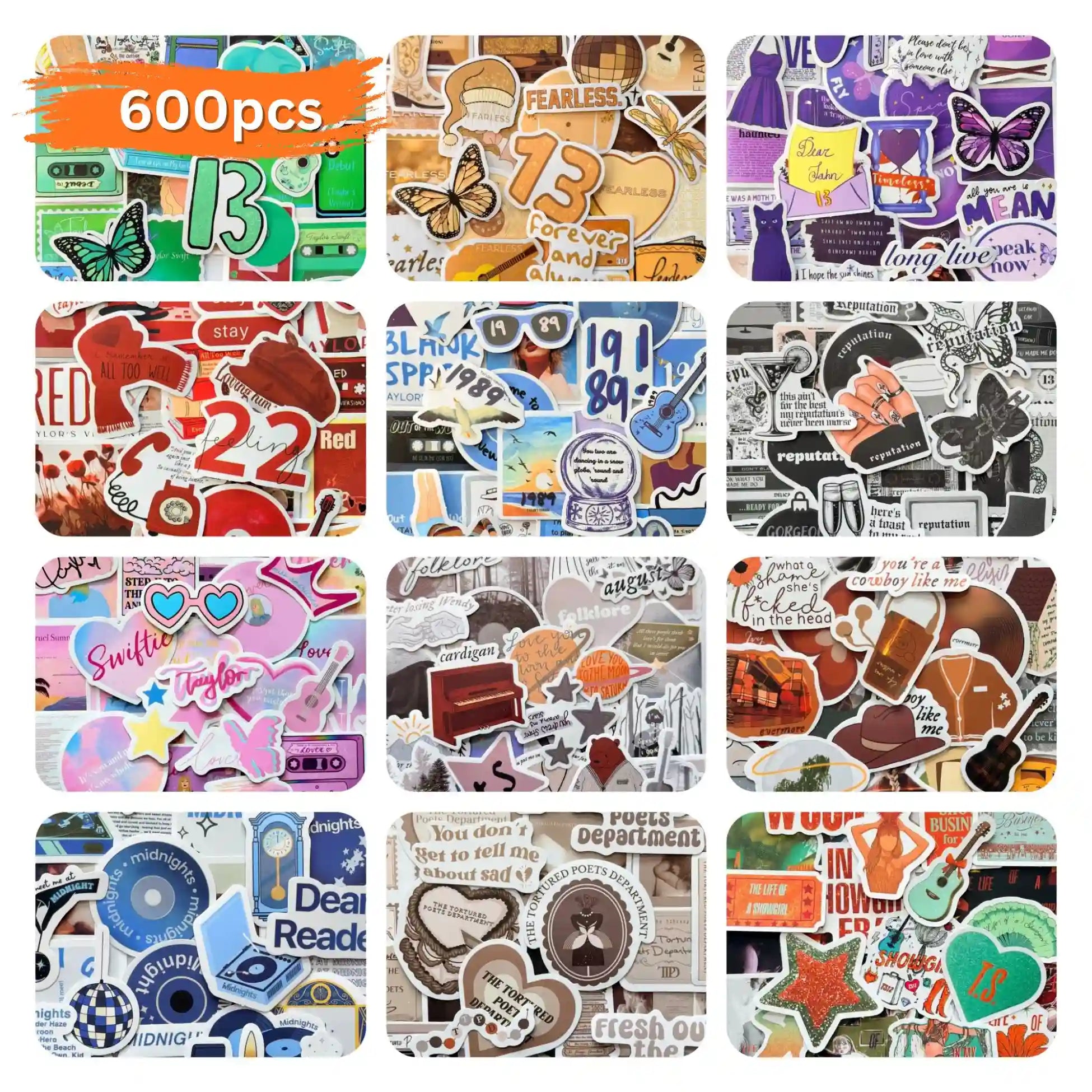 Taylor Swift inspired eras Swiftie stickers collection showing multiple album themed sticker packs, fan-made designs inspired by different Taylor Swift albums