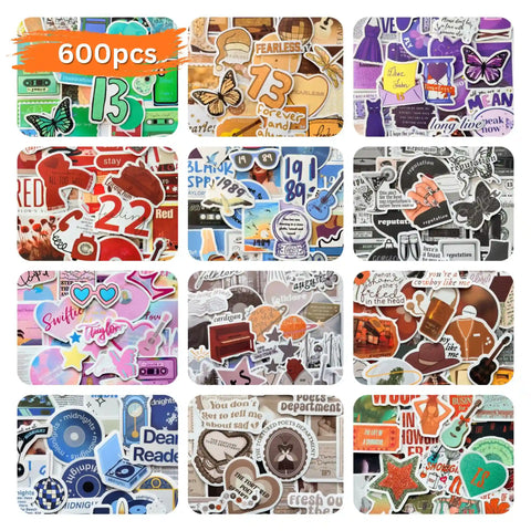 Taylor Swift inspired eras Swiftie stickers collection showing multiple album themed sticker packs, fan-made designs inspired by different Taylor Swift albums