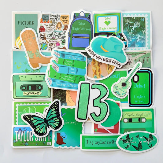 Taylor Swift inspired Debut Swiftie stickers bundle featuring 50 different fan-made designs, green themed album visuals and country era symbols