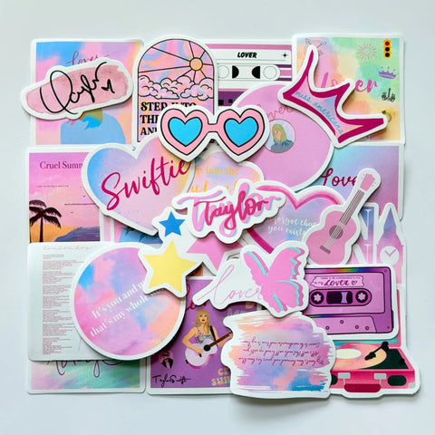 Taylor Swift inspired Lover Swiftie stickers pack with 50 different fan-made designs, pastel colors, hearts, butterflies and romantic album themes