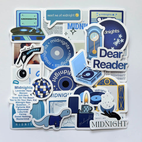 Taylor Swift inspired Midnights Swiftie stickers bundle featuring 50 different fan-made designs, midnight blue tones, clocks, vinyl records and album themed visuals
