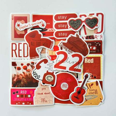 Taylor Swift inspired Red Taylor’s Version Swiftie stickers bundle including 50 unique fan-made designs, red tones, scarves, lyrics and emotional album imagery