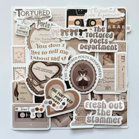 Taylor Swift inspired The Tortured Poets Department Swiftie stickers set with 50 unique fan-made designs, neutral tones, poetic typography and literary album aesthetics